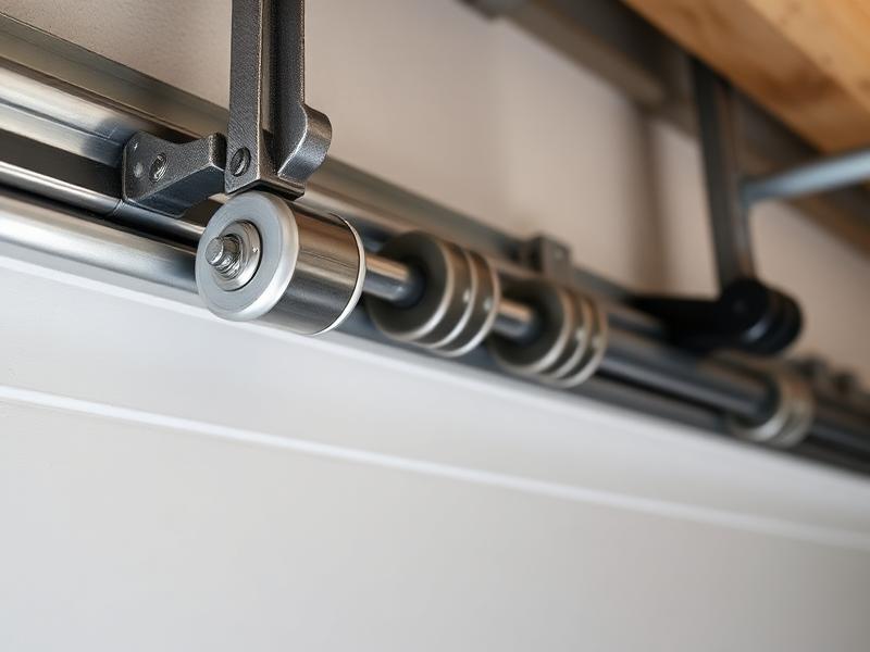Close-up of steel garage door rollers being installed on track