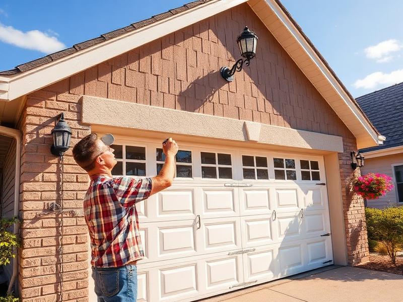 Homeowner inspecting garage door on a sunny summer day