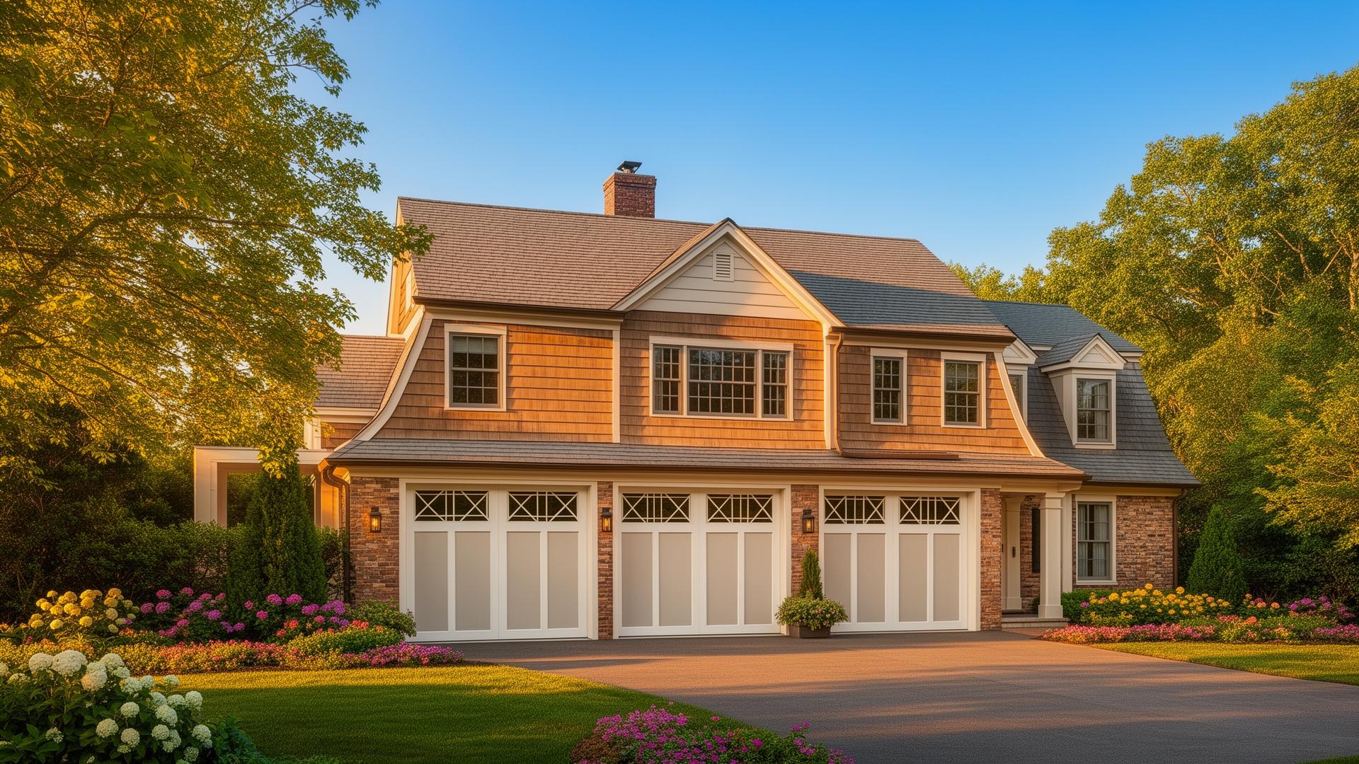 Professional garage door installation on a beautiful colonial home with mid-century modern doors featuring geometric window patterns